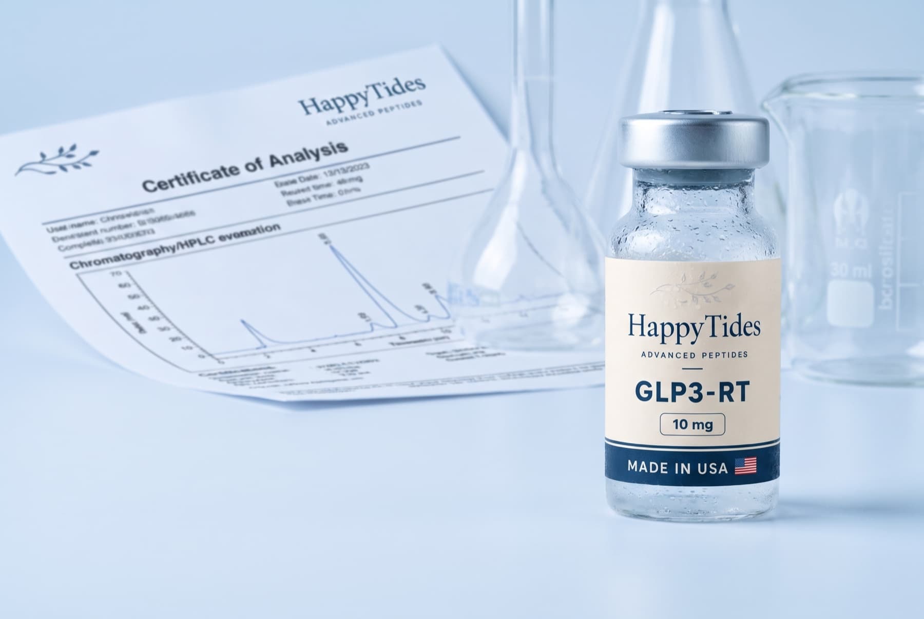 HappyTides GLP3-RT research peptide vial beside its scannable Certificate of Analysis and HPLC purity report on a clean laboratory bench